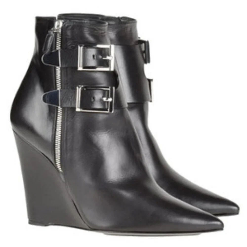 Minimalist | Derek Lam Black Leather Ankle Boot Wedge | Pointy Toe | Gold Buckle